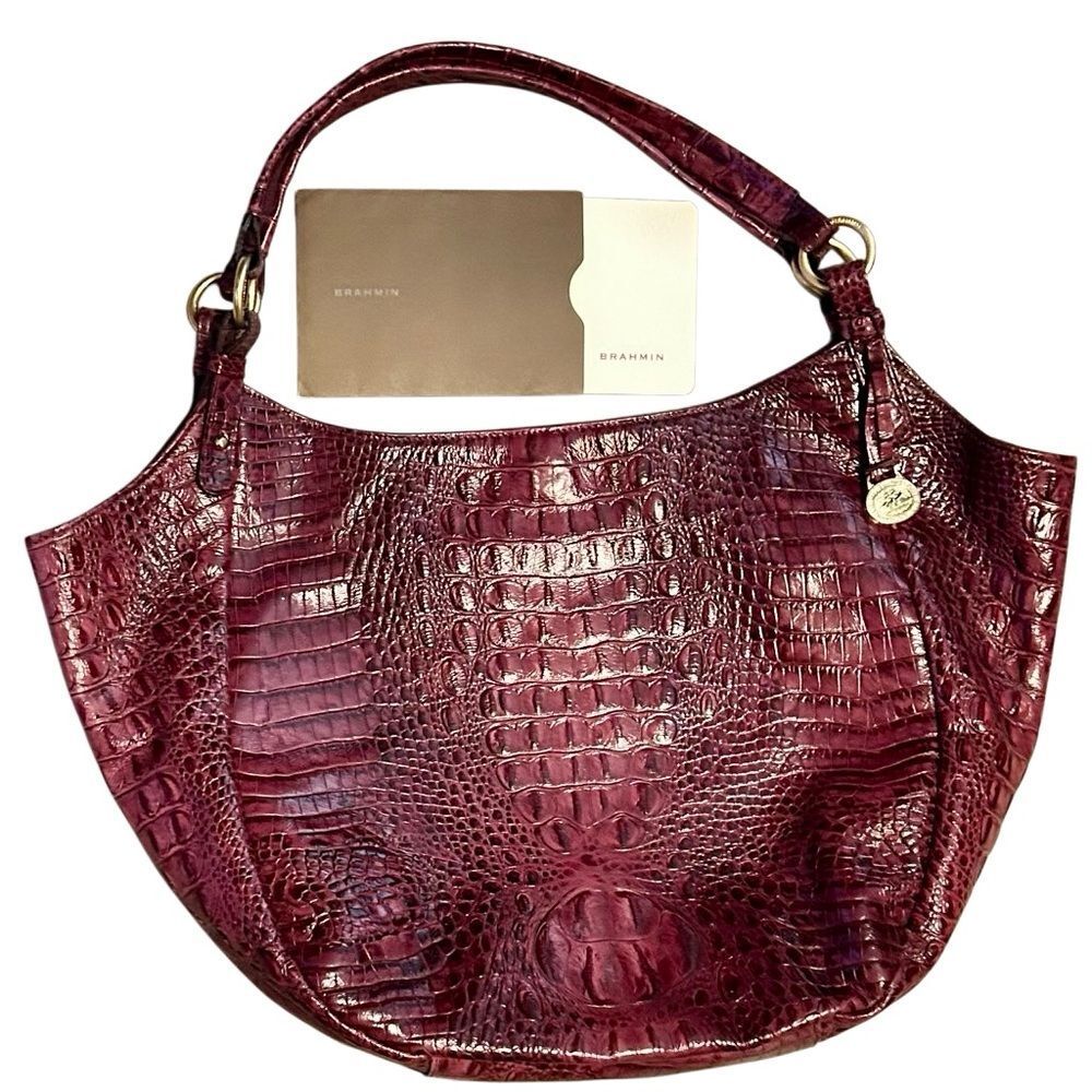 Brahmin Jacqueline Melbourne Fig Croc Embossed Wine Hobo Shoulder Bag Tote Gold - Picture 2 of 16